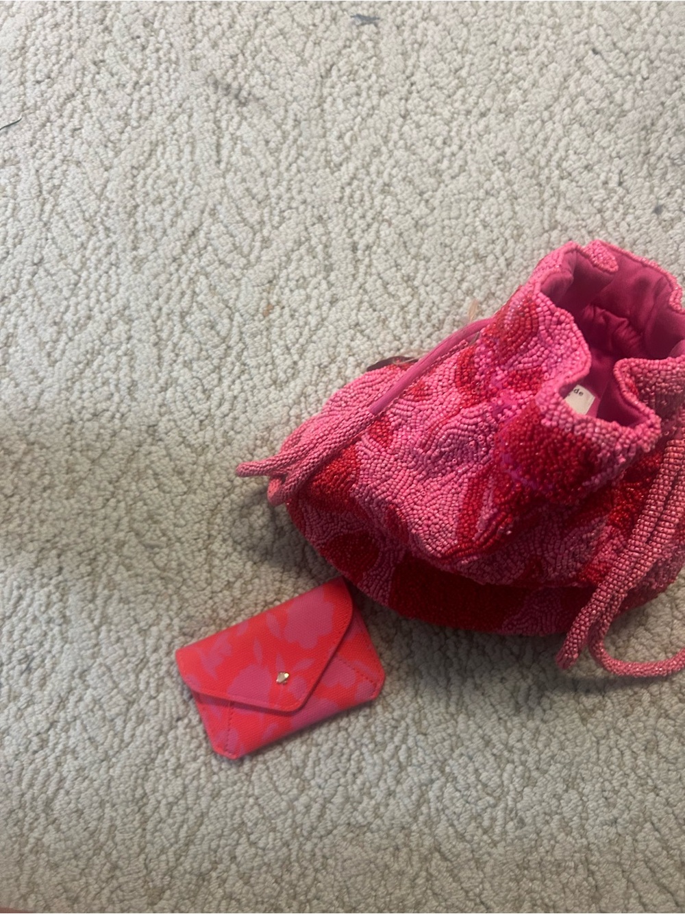 Pink Beaded Drawstring Mini Bag with Matching Card Wallet